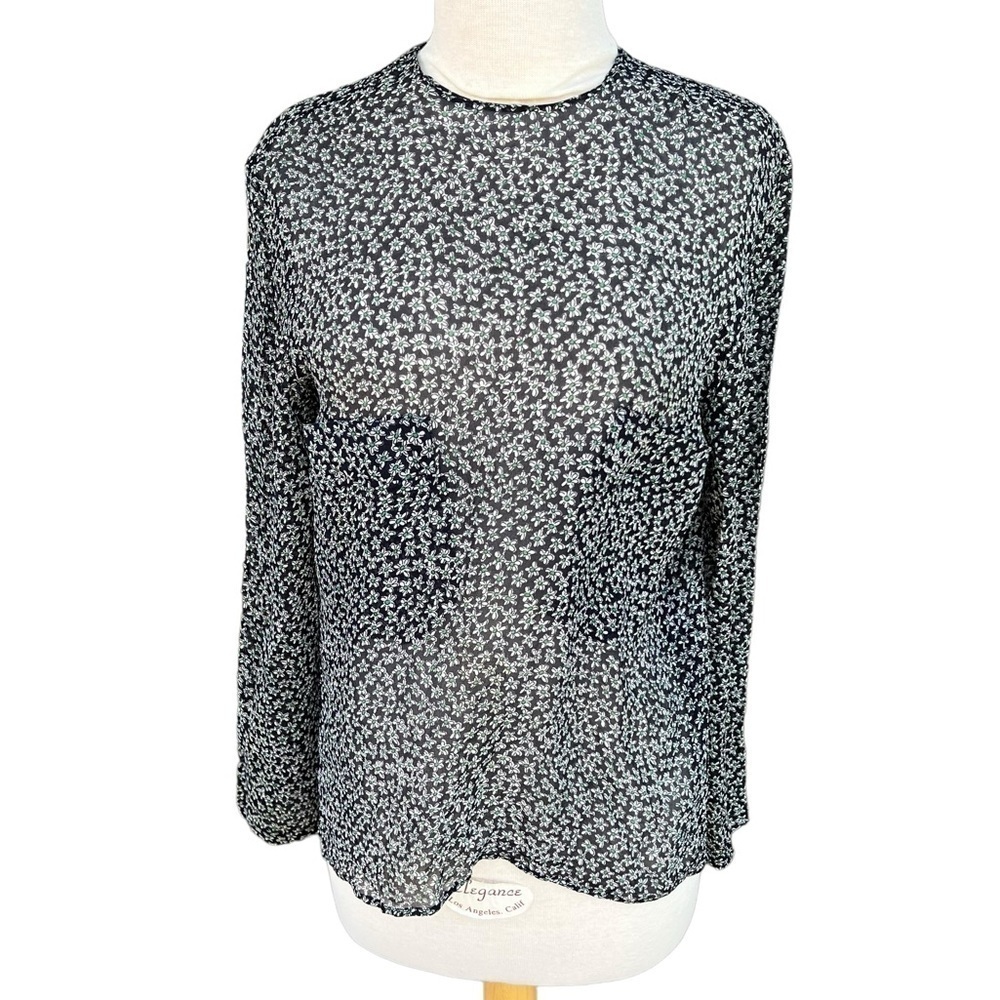 VTG‎ Krizia 100% Silk Sheer Floral Blouse Italy Button Pockets Long Sleeve Small